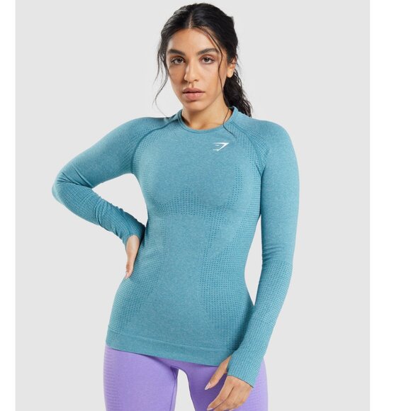Gymshark Vital Long Sleeve Top In Tahoe Teal Marl Size Small - Picture 1 of 7